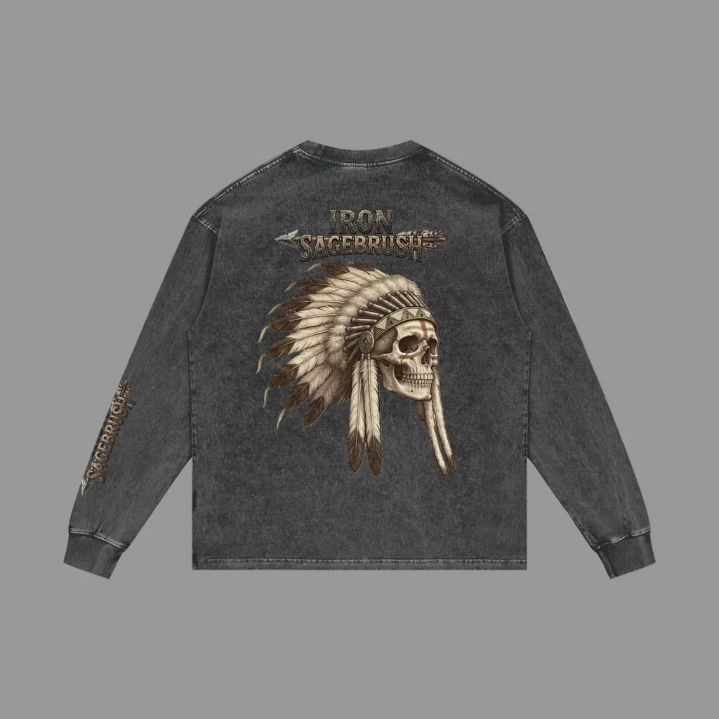 Native Warrior Spirit Acid Wash Oversize Long Sleeve T-Shirt %