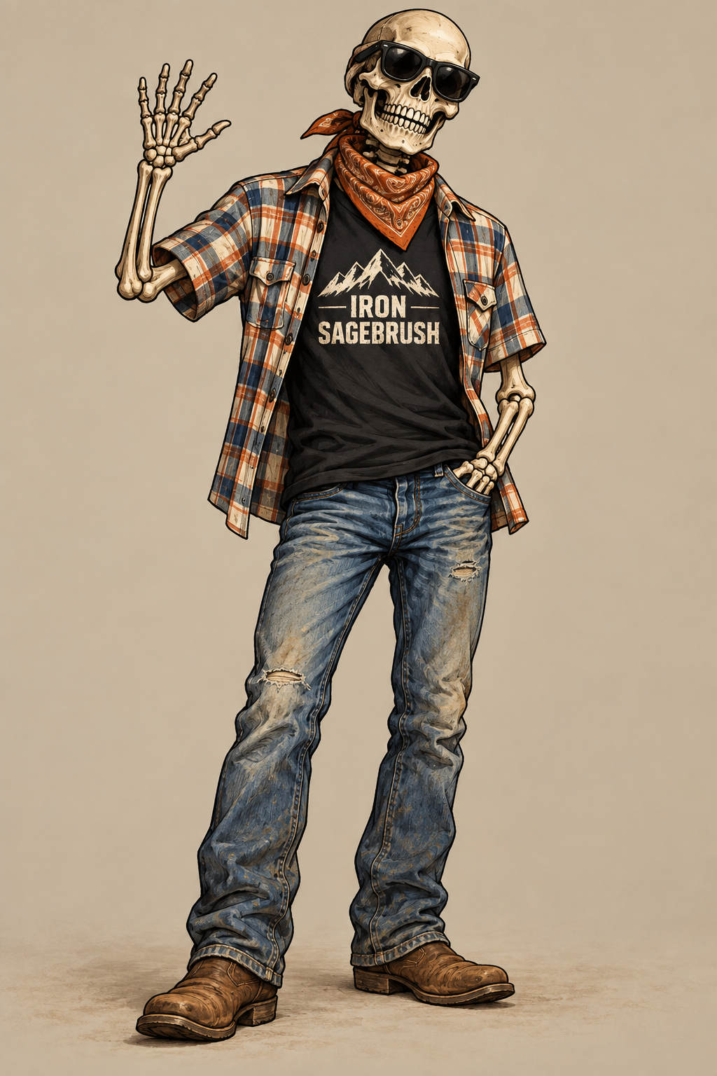 Grip figure wearing a plaid shirt, black graphic T-shirt with 'IRON SAGEBRUSH' text, blue jeans, brown boots, and sunglasses, posed against a plain beige background.