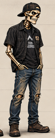 Gnarl wearing a black baseball cap, black graphic t-shirt, distressed blue jeans, and brown boots, standing against a light beige wall.