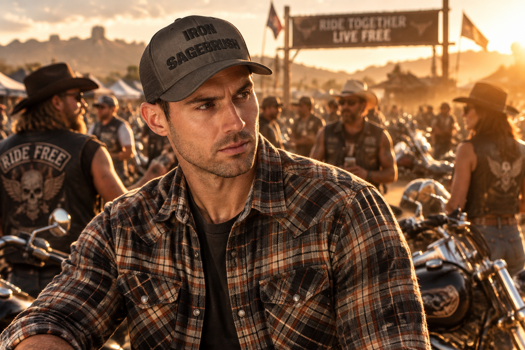 A man at a motorcycle rally wearing a dark gray 'IRON SAGEBRUSH' cap, a brown and black plaid flannel shirt, and a black t-shirt, with other bikers and motorcycles blurred in the background under warm sunset light.