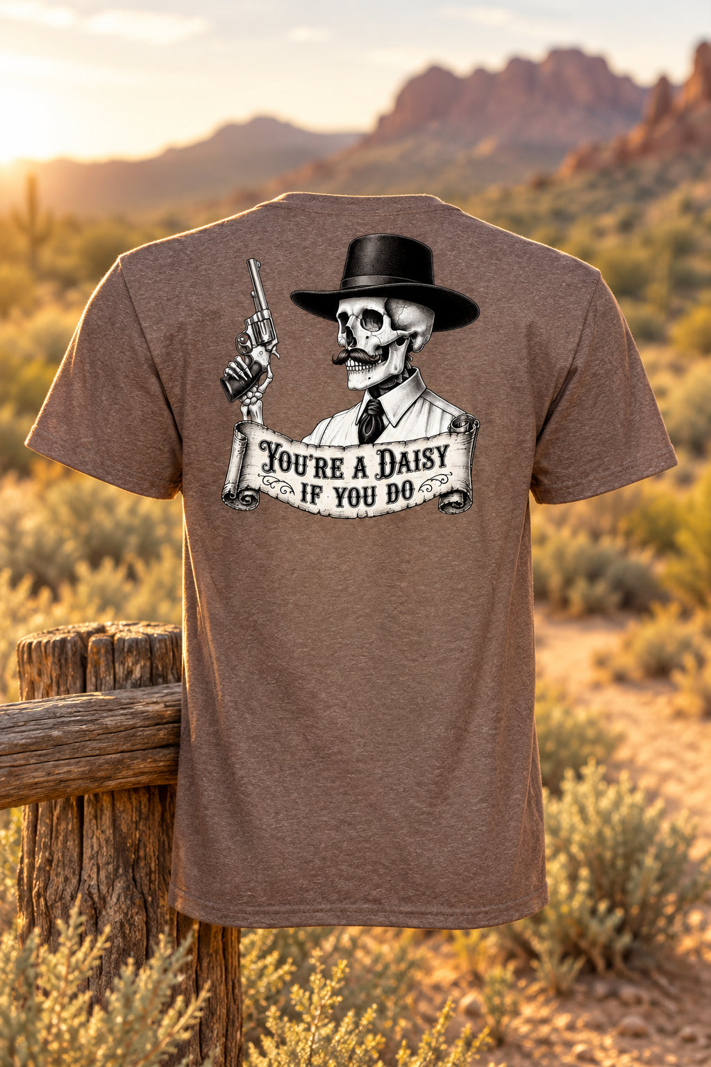 Doc Daisy Iron Sagebrush T-Shirt in brown tri-blend with a skeleton cowboy graphic and western slogan