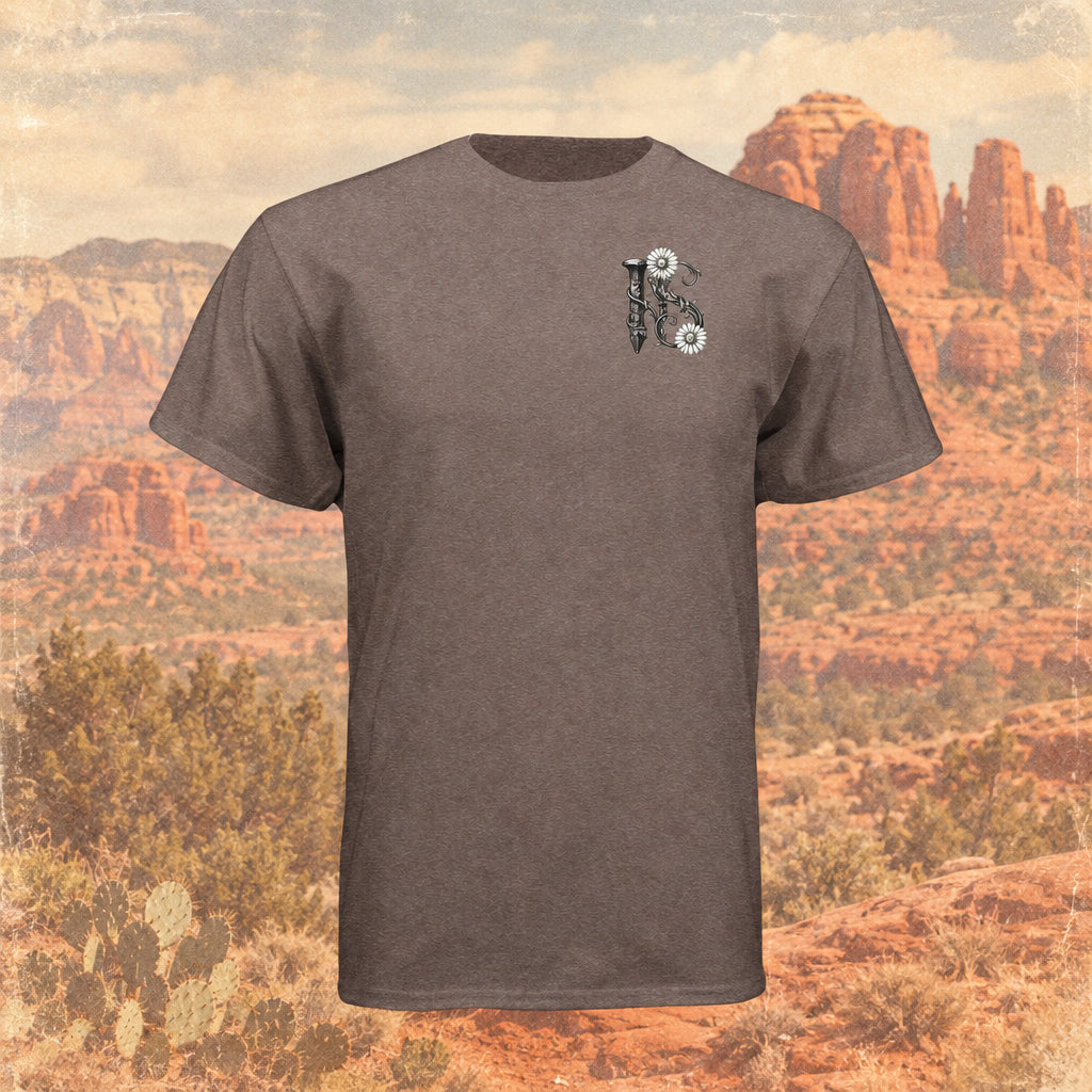 Doc Daisy Iron Sagebrush T-Shirt in brown tri-blend with short sleeves and a small floral western graphic