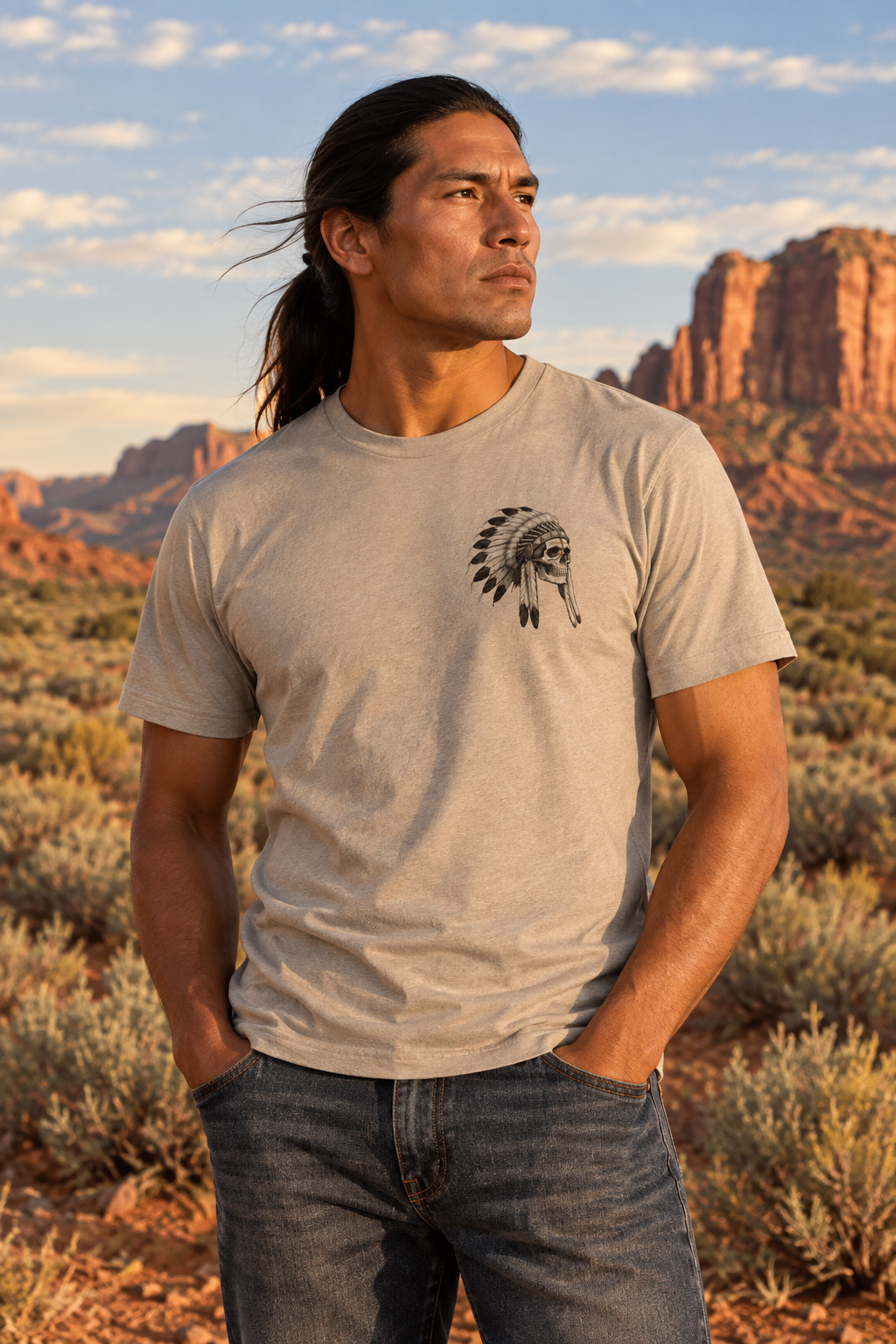 A man standing in a desert landscape wearing a light beige t-shirt with a black graphic of a skull wearing a feathered headdress on the left chest, paired with dark blue jeans.