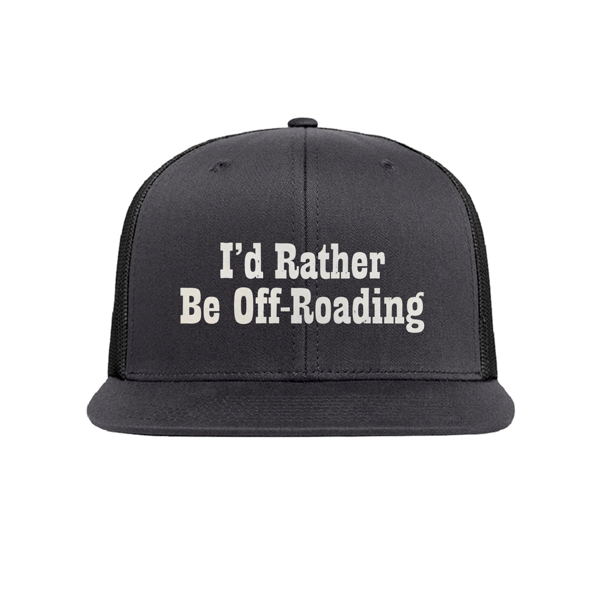 I'd Rather Be Off-Roading trucker hat in charcoal and black - front view