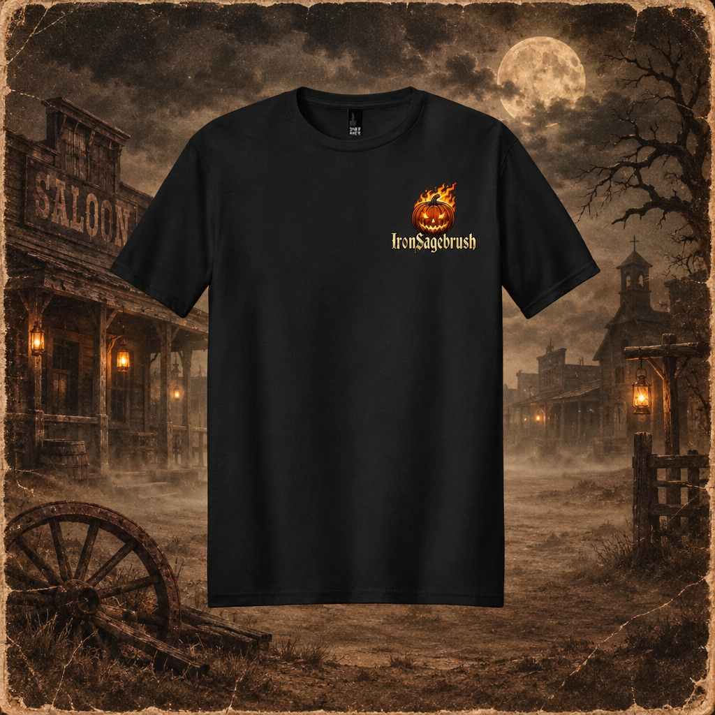 A black short-sleeve t-shirt with a small orange and yellow flaming jack-o'-lantern graphic and the text 'IronSagebrush' on the left chest, displayed against a spooky, sepia-toned Halloween town background with a full moon.