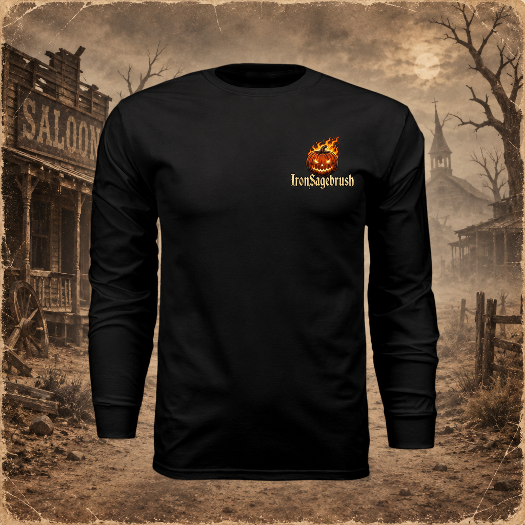 A black long-sleeve t-shirt with a small gothic-style 'Iron Sage Crush' logo featuring a flaming skull on the left chest, displayed against a sepia-toned western saloon background.