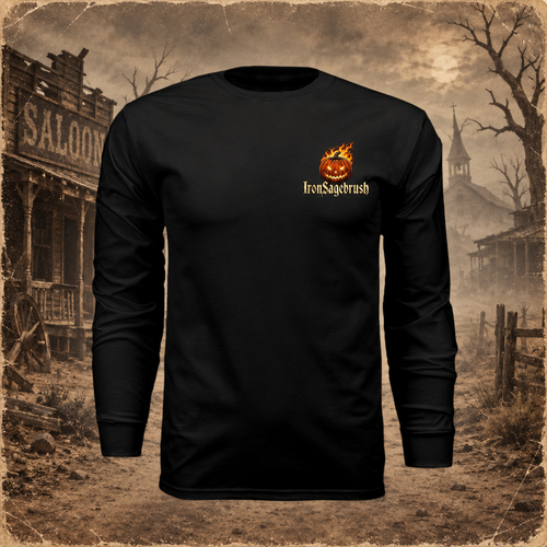A black long-sleeve t-shirt with a small gothic-style 'Iron Sage Crush' logo featuring a flaming skull on the left chest, displayed against a sepia-toned western saloon background.