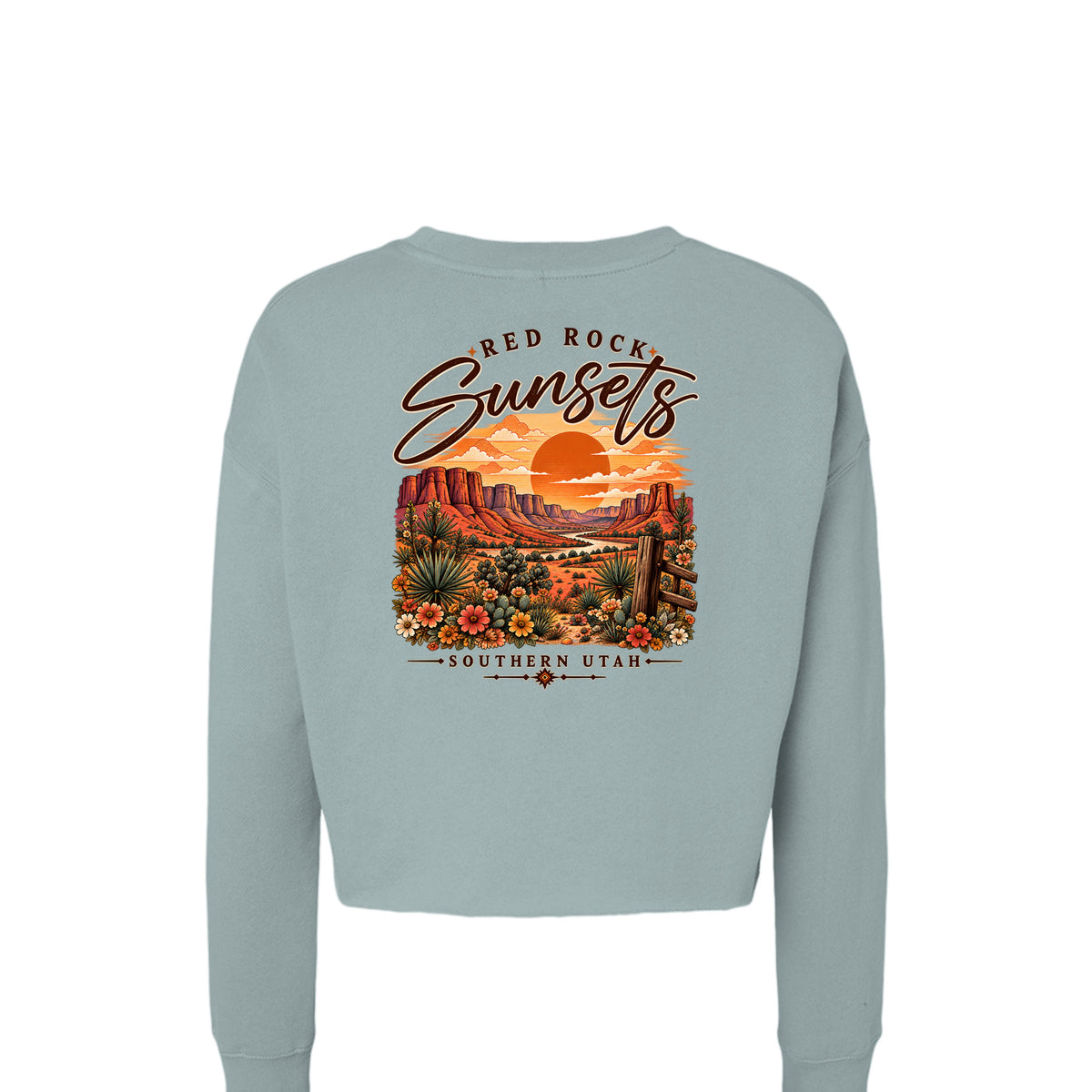Red Rock Sunsets Southern Utah women's sage cropped crewneck large back graphic