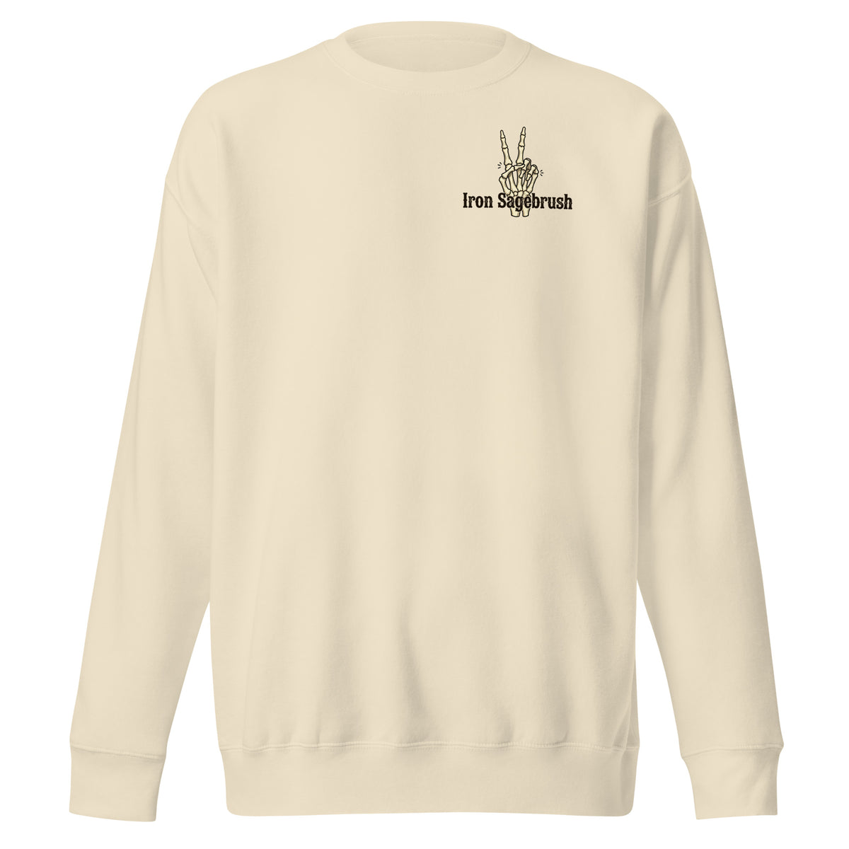 A cream-colored crewneck sweatshirt with a small black graphic on the left chest featuring a hand making a peace sign and the text 'Iron Suckbrush'.