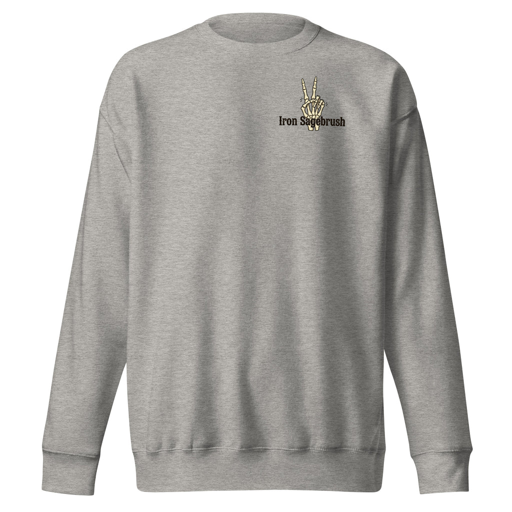 Gray sweatshirt iron sagebrush logo on a white background
