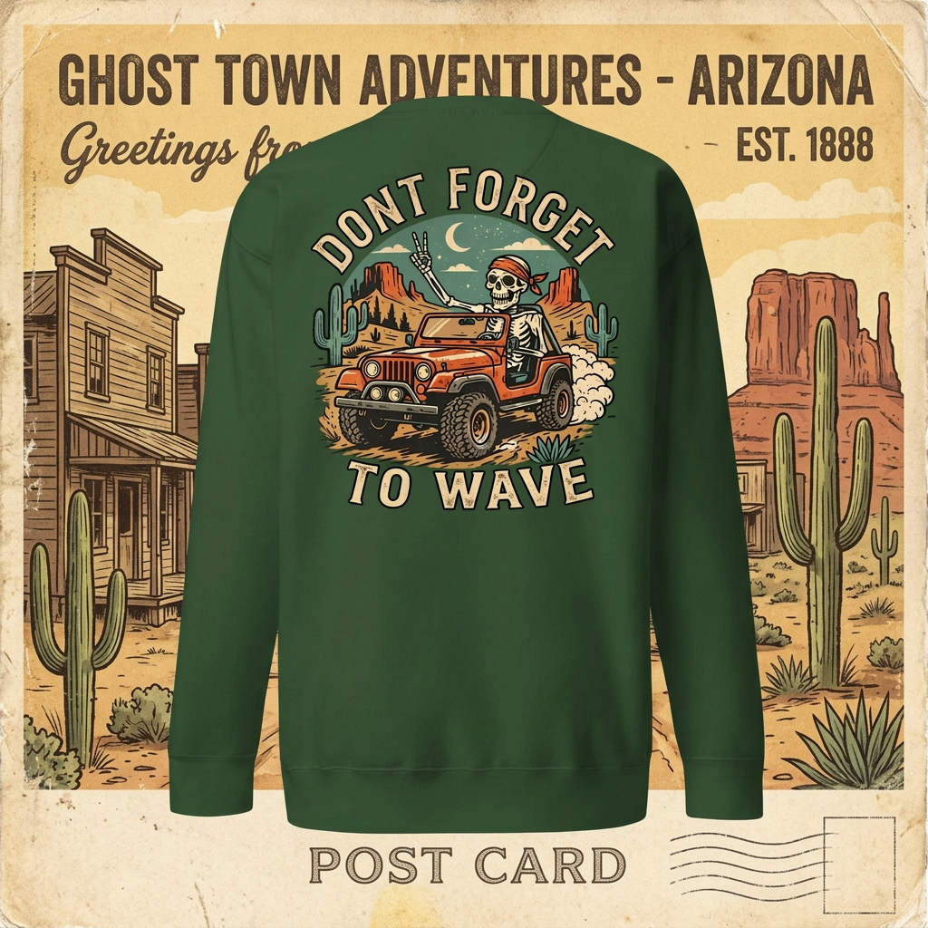  Forest green Wave crewneck sweatshirt with skeleton driving an off-road vehicle and “Don’t forget to wave” back graphic.