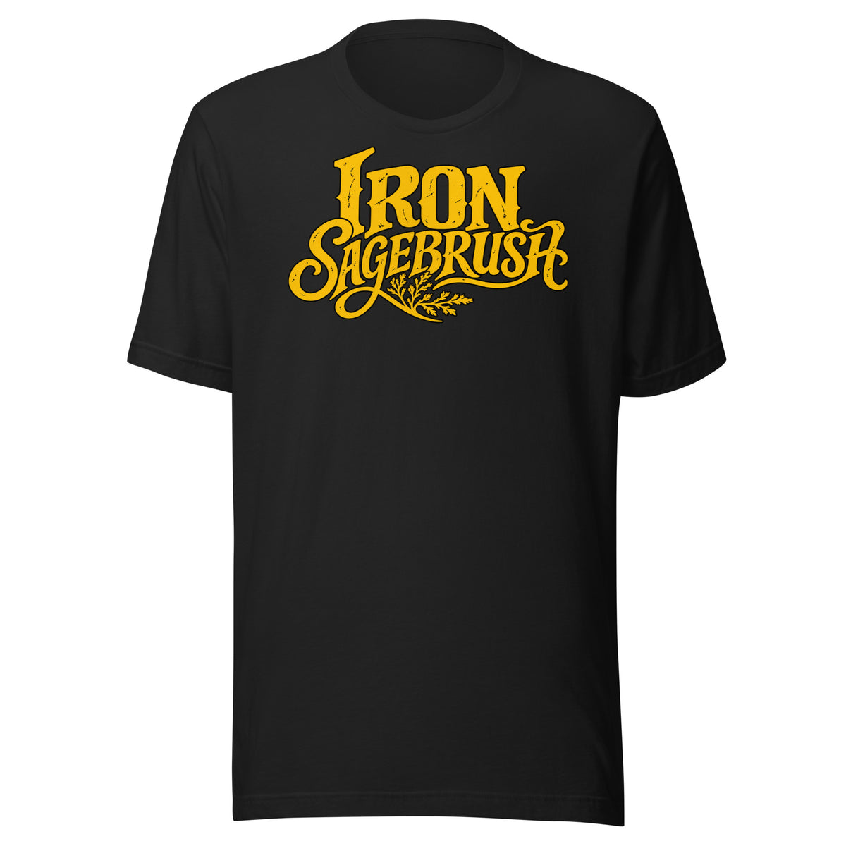 Front of black Iron Sagebrush Vintage Logo T-Shirt with distressed yellow lettering and sagebrush detail