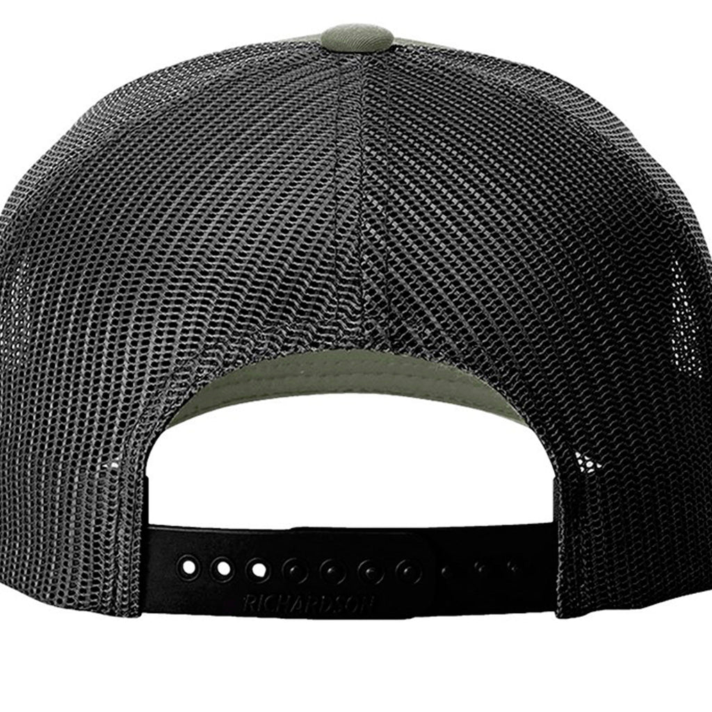 western trucker hat snapback in black polyester mesh with an adjustable black snapback closure and olive button