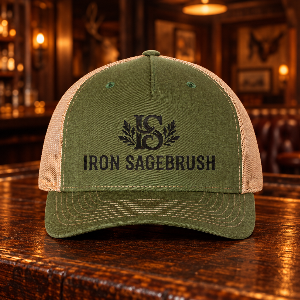 western trucker hat snapback in olive green with tan mesh, curved brim, and Iron Sagebrush logo