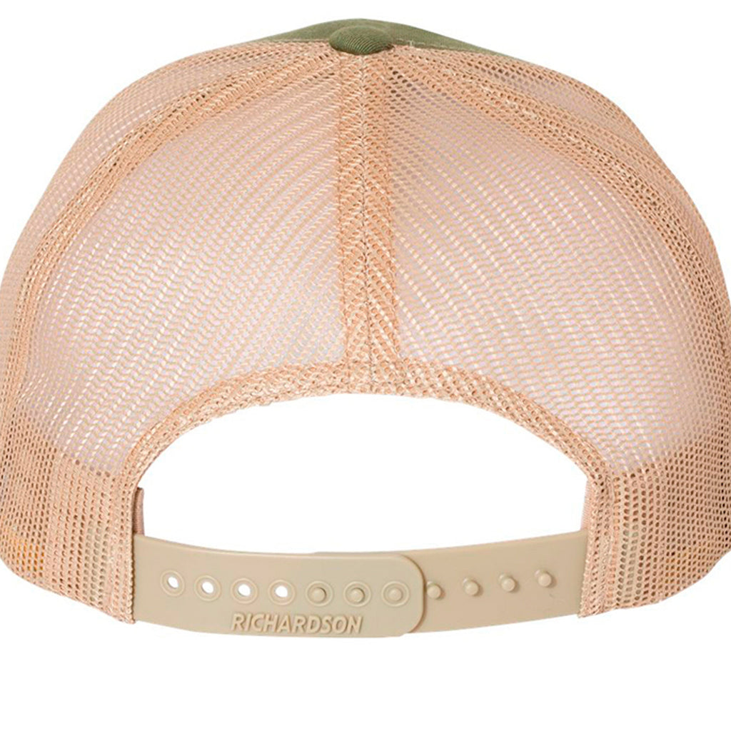Western trucker hat snapback in tan mesh with a khaki front band and adjustable plastic snap closure