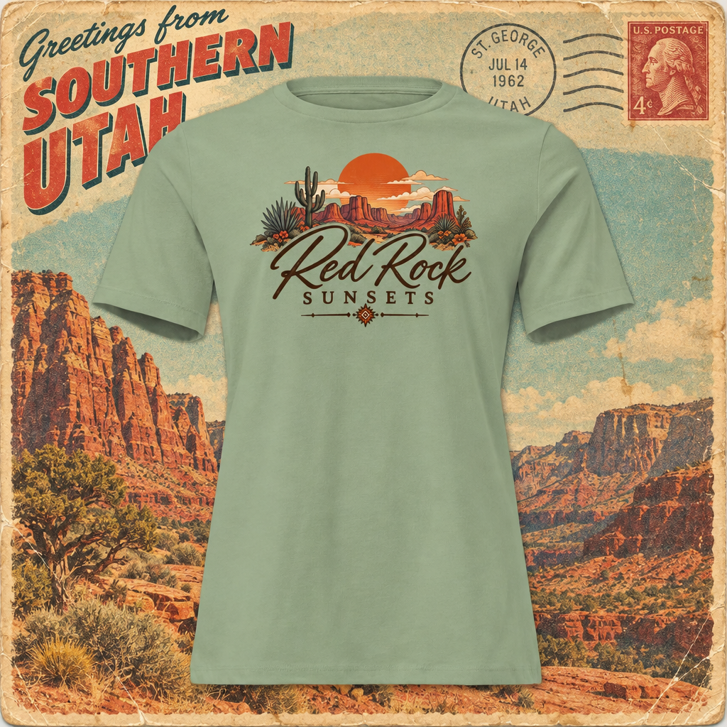 A sage green short-sleeve t-shirt with a retro 'Red Rock Sunsets' graphic, displayed flat against a vintage-style southwestern Utah landscape background with a postage stamp motif.